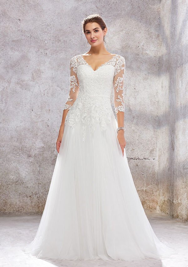 Princess A-line V Neck Sweep Train Tulle Lace Wedding Dress - Image 5