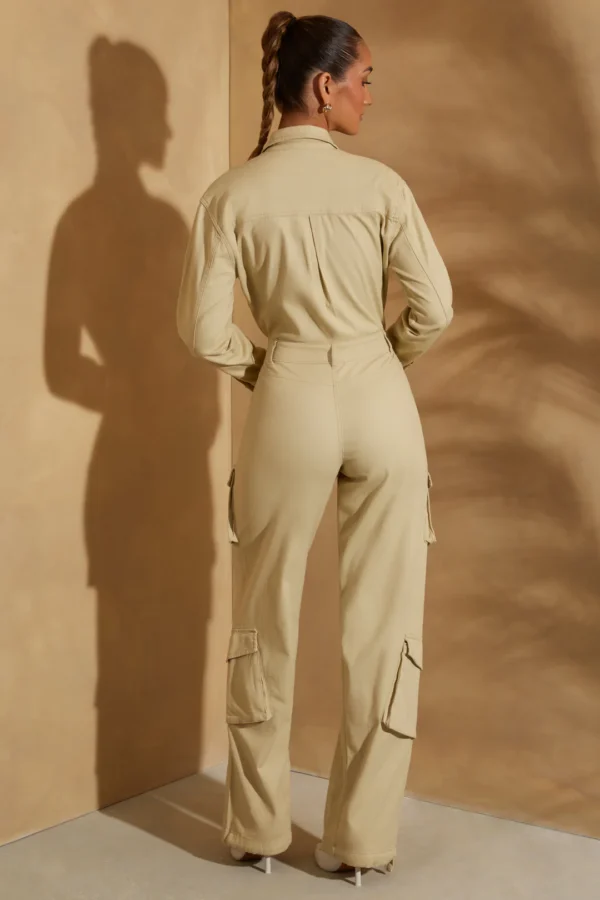 Wide Leg Long Sleeve Cargo Jumpsuit in Sage - Image 2