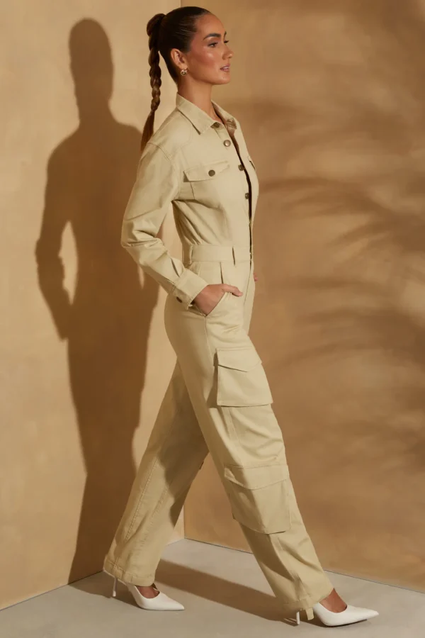 Wide Leg Long Sleeve Cargo Jumpsuit in Sage - Image 3