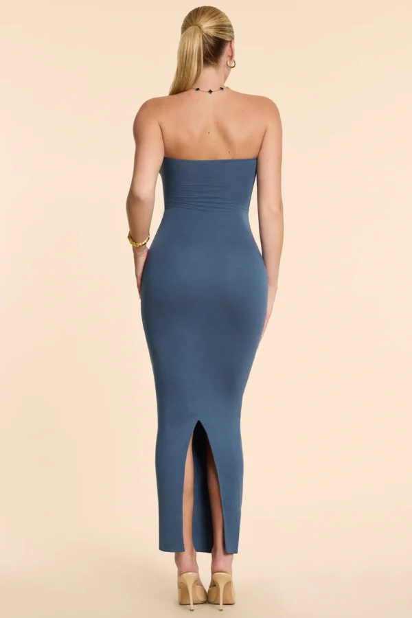 Strapless Ruched Modal Cashmere Blend Maxi Dress in French Navy - Image 4