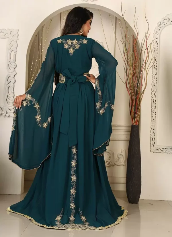 Bottle Green Evening Georgette Moroccon Fancy African Hand Work Kaftan - Image 6