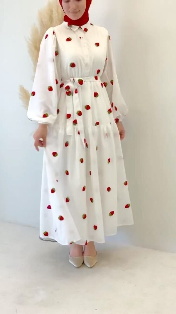 Strawberry embroidered maxi dress with belt and puff sleeves